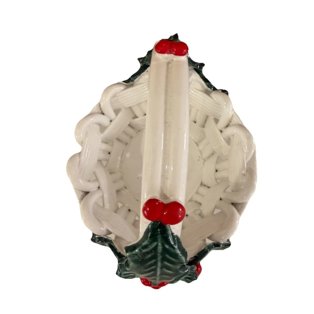 Vintage Ceramic Basket Handle Holly Berries Christmas 8